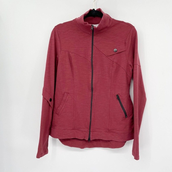 CABI French Knit Training Track Jacket Size M Wine Red Two Way Zipper Thumbholes - Picture 1 of 10